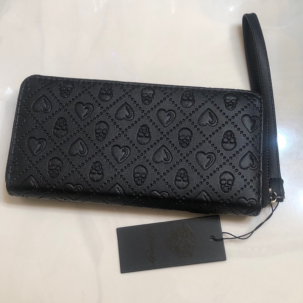 Ed Hardy Black Faux Leather ZA Wallet Embossed Skull & Heart Pattern NWT - Picture 7 of 16
